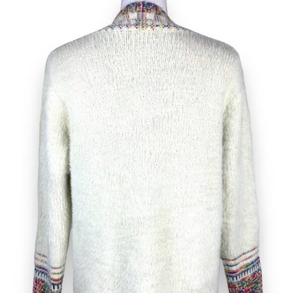 Janice Fuzzy Longline Cardigan Cream Southwestern Trim Fray Fringe Medium - Picture 7 of 14